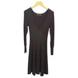 Zara Deep V Neck A-Line Chocolate Brown Midi Sweater Dress